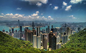 Обои для рабочего стола Китай Гонконг Небоскребы Дома Небо Мегаполиса Сверху город