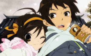 Обои The Melancholy of Haruhi Suzumiya Парень Девушки