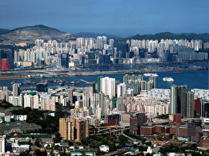 Фотография Китай Гонконг Здания Сверху Мегаполиса