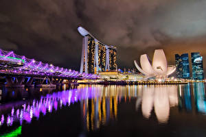 Обои Сингапур Мост Побережье В ночи Города