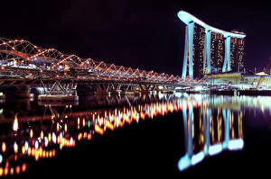 Картинки Сингапур Мосты Берег Ночь