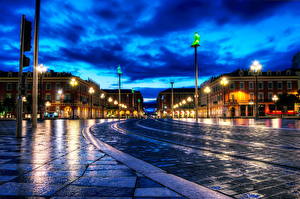 Фотография Франция Дороги HDRI Ночные Уличные фонари Площадь Массена - Ницца Города