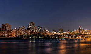 Фотографии США Небо Мост Нью-Йорк Ночь Города