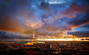 Картинки Франция Небо Облачно HDR Эйфелева башня Париж Париж
