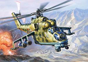 Фотографии Рисованные Вертолеты Ми-24 в Афганистане военные
