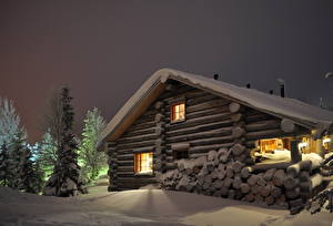 Картинки Дома Финляндия Снегу Ночные Лапландия Города