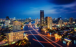 Фотография Таиланд Речка Ночь Водный канал Бангкок Города