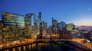 Обои США Небо Ночные Чикаго город