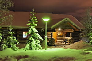 Картинки Времена года Зима Финляндия Снег Уличные фонари Деревьев Ночь Лапландия
