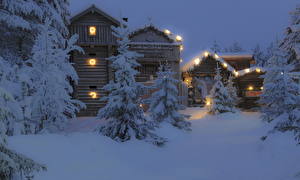 Фотография Дома Финляндия Снегу Ночь Дерева Лапландия город
