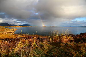 Фотографии Реки Небо Норвегия Облачно Трава HDRI Радуги Природа