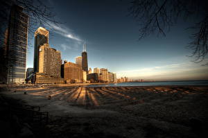 Картинки Штаты Небо Дома Берег HDRI Ветка Чикаго город Города