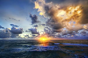 Обои для рабочего стола Рассвет и закат Небо Волны Море Облако Лучи света HDR Горизонта Природа