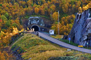 Обои для рабочего стола Дороги Сезон года Осенние Горы Норвегия Туннель Raftsundtunnelen Природа