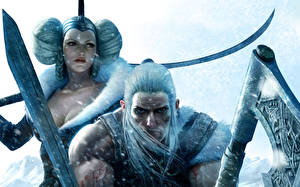 Обои для рабочего стола Viking: Battle For Asgard Воители Блондинка Смотрят Мечи Боевые топоры / Секиры компьютерная игра Девушки