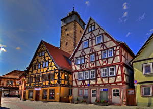 Фото Германия Дома Небо HDR Бавария Лор-на-Майне город