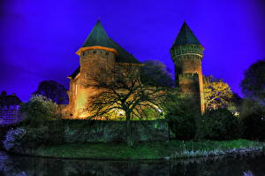 Фотографии Замки Германия Дерева HDRI В ночи Krefeld  Burg Linn Города