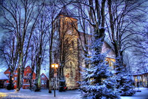 Фото Германия Сезон года Зимние Уличные фонари Деревья Ветка Ели HDRI Havixbeck Города