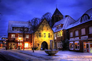 Картинка Германия Времена года Зимние Дома Уличные фонари Снеге HDRI Улица Havixbeck Города