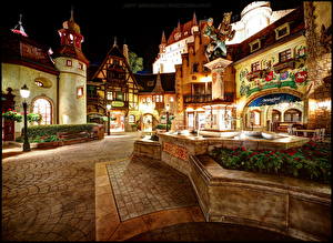 Обои США Диснейленд Уличные фонари В ночи HDRI Улиц Walt Disney World Epcot Center Germany Pavilion