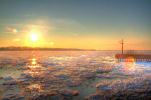 Фото Рассветы и закаты Германия Река Небо Снег HDR Лед Солнца Эльба  Природа