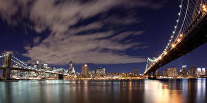 Обои для рабочего стола Штаты Мосты Небо Речка Нью-Йорк Ночь Облака brooklyn город