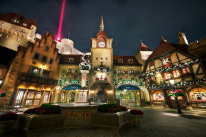 Фото США Дома Диснейленд Улица Ночные Уличные фонари HDR Walt Disney World Epcot Center Germany Pavilion город