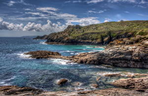 Фотографии Море Небо Камень Побережье Англия Облако Корнуолл Природа