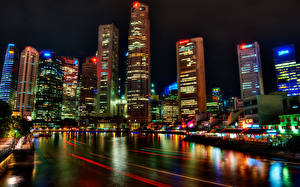 Обои Сингапур Дома Небоскребы В ночи HDRI город