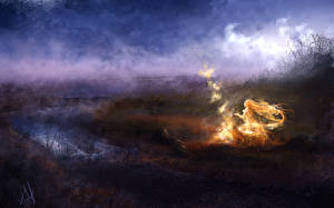 Картинки Волшебство Речка Небо Облако Фэнтези Девушки