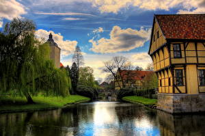 Фото Германия Река Дома Небо HDRI Steinfurt город