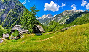 Обои для рабочего стола Горы Словения Небо Зеленый Трава Облачно Bovec Природа