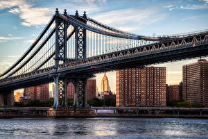 Картинка Мост Небо Речка Нью-Йорк HDRI Manhattan город