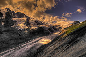 Картинки Горы Небо Австрия Облака Снега HDRI Альпы Природа