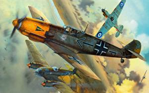 Фотографии Самолеты Рисованные Летящий Креста Messerschmitt Bf-109E4 Авиация