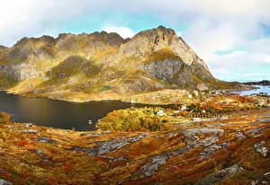 Фотографии Озеро Норвегия Горы Траве Мох Agvatnet Природа Города