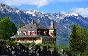 Картинки Швейцария Дома Гора Особняк Берн Iseltwald Города