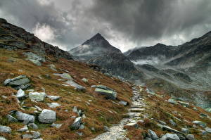 Фотографии Горы Камни Австрия Трава Облака Альп Природа