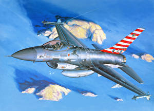 Обои для рабочего стола Самолеты Рисованные Истребители F-16 Fighting Falcon Полет F-16A-C Авиация