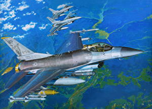 Картинка Самолеты Рисованные Истребители F-16 Fighting Falcon Летят F-16CC