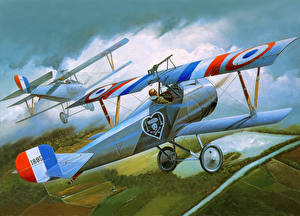 Картинка Самолеты Рисованные Ретро Полет Nieuport 17 Авиация