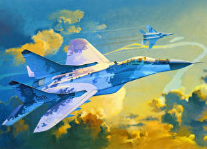 Обои для рабочего стола Самолеты Рисованные Истребители Летят МиГ-29А Авиация