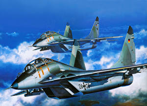 Картинка Самолеты Рисованные Истребители Полет МиГ-29УБ Авиация