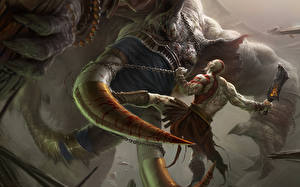 Фото God of War Воины Битвы Монстры Мужчины Рога компьютерная игра