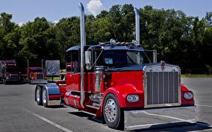 Картинка Kenworth Грузовики Красный Фары Спереди машина
