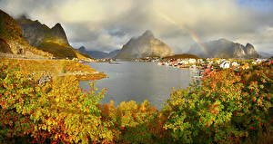 Фотографии Гора Норвегия Облако Радуги Кусты Reine Gravdalsbukta  Города