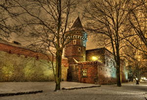 Обои Польша Ночные Деревьев Ветвь HDRI Краков Города