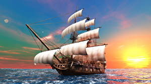 Фотография Корабли Море Небо Рассвет и закат Парусные Горизонта Солнца 3D Графика Природа
