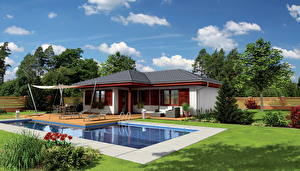 Картинки Дома Трава Газон Бассейны Дизайн Города 3D_Графика