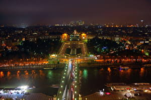 Обои Франция Мост Реки Сверху Ночь Горизонта Мегаполиса Париж